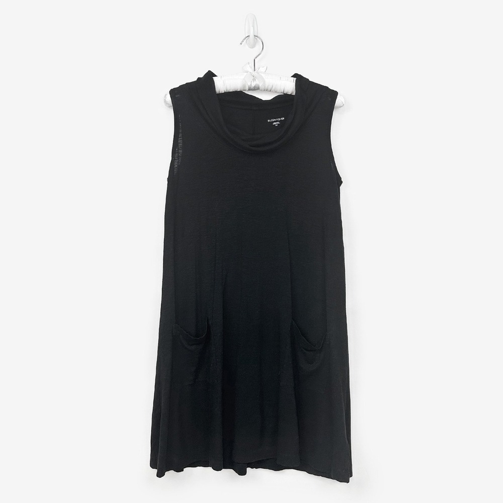 Eileen Fisher Cowl Neck Mini Dress Size S Black Hemp Organic Cotton Minimalist